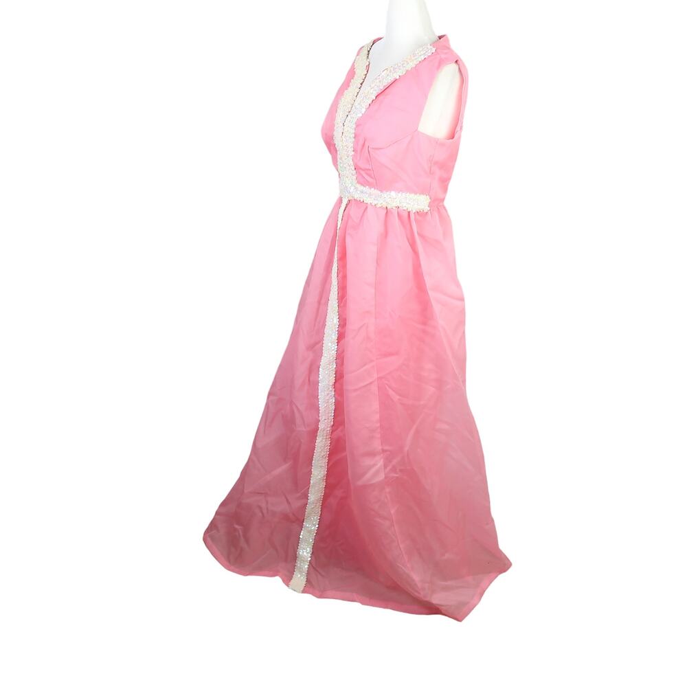 Vintage 60s pink taffeta white sequin long formal gown dress S - Picture 3 of 4